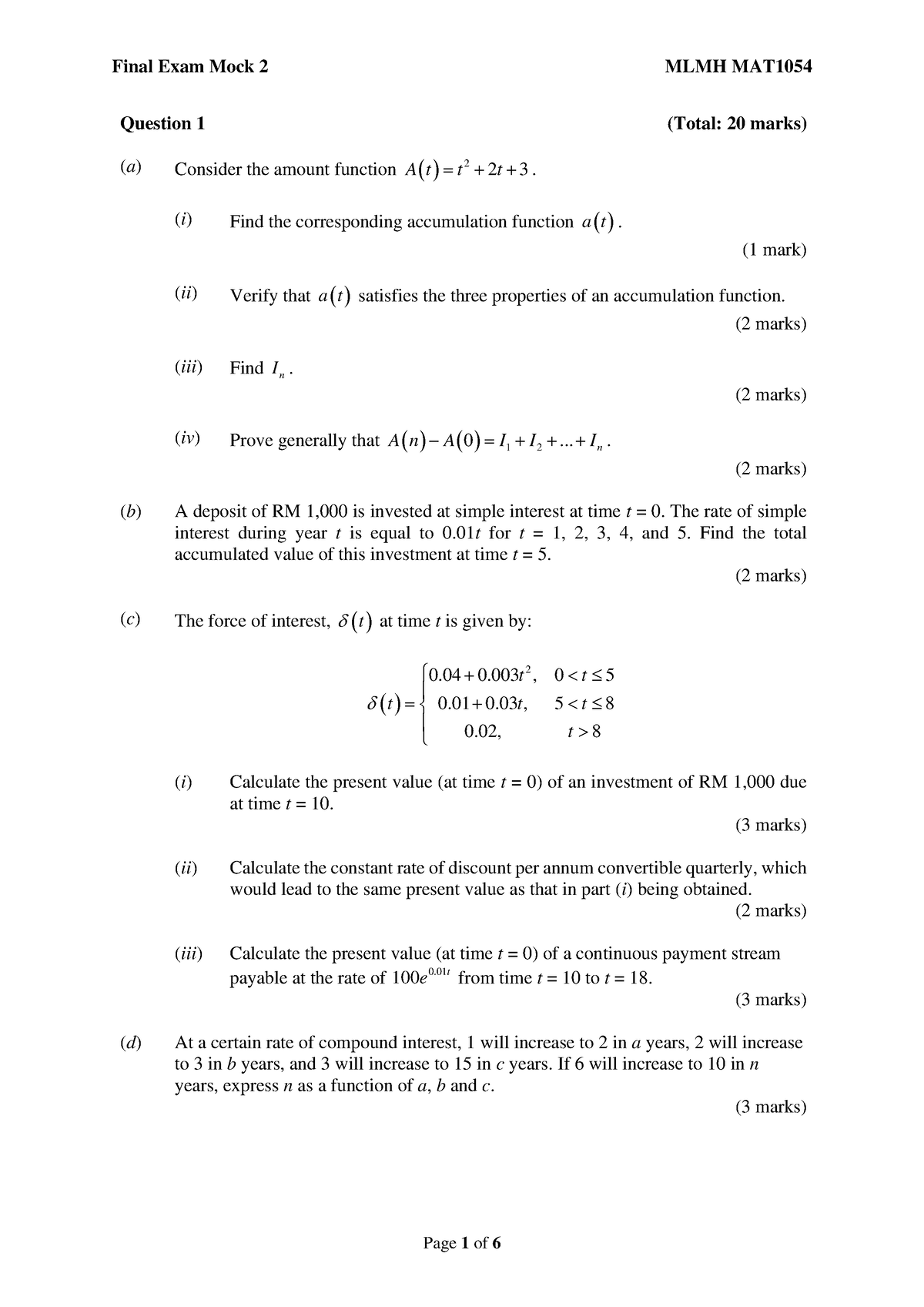 [MAT1054] Final Exam Exercise 2 - Question 1 (Total: 20 marks) ( a ...