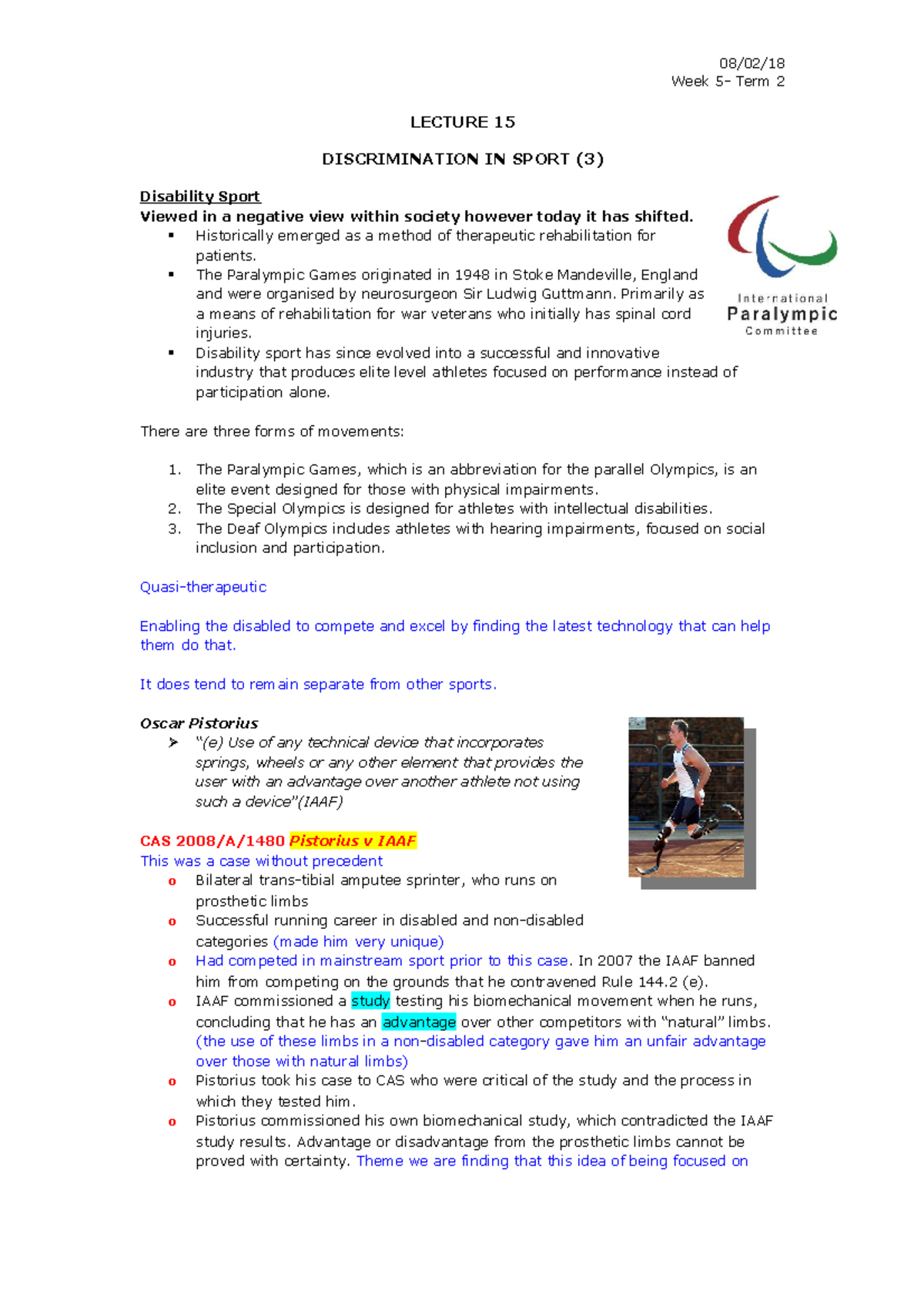 Discrimination in Sport Part 3 Notes Week 5 Term 2 LECTURE 15