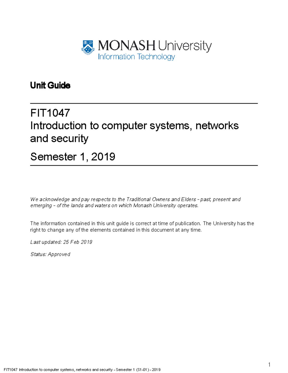 Unit Guide for 2018-2019 - 1 Unit Guide FIT Introduction to computer ...