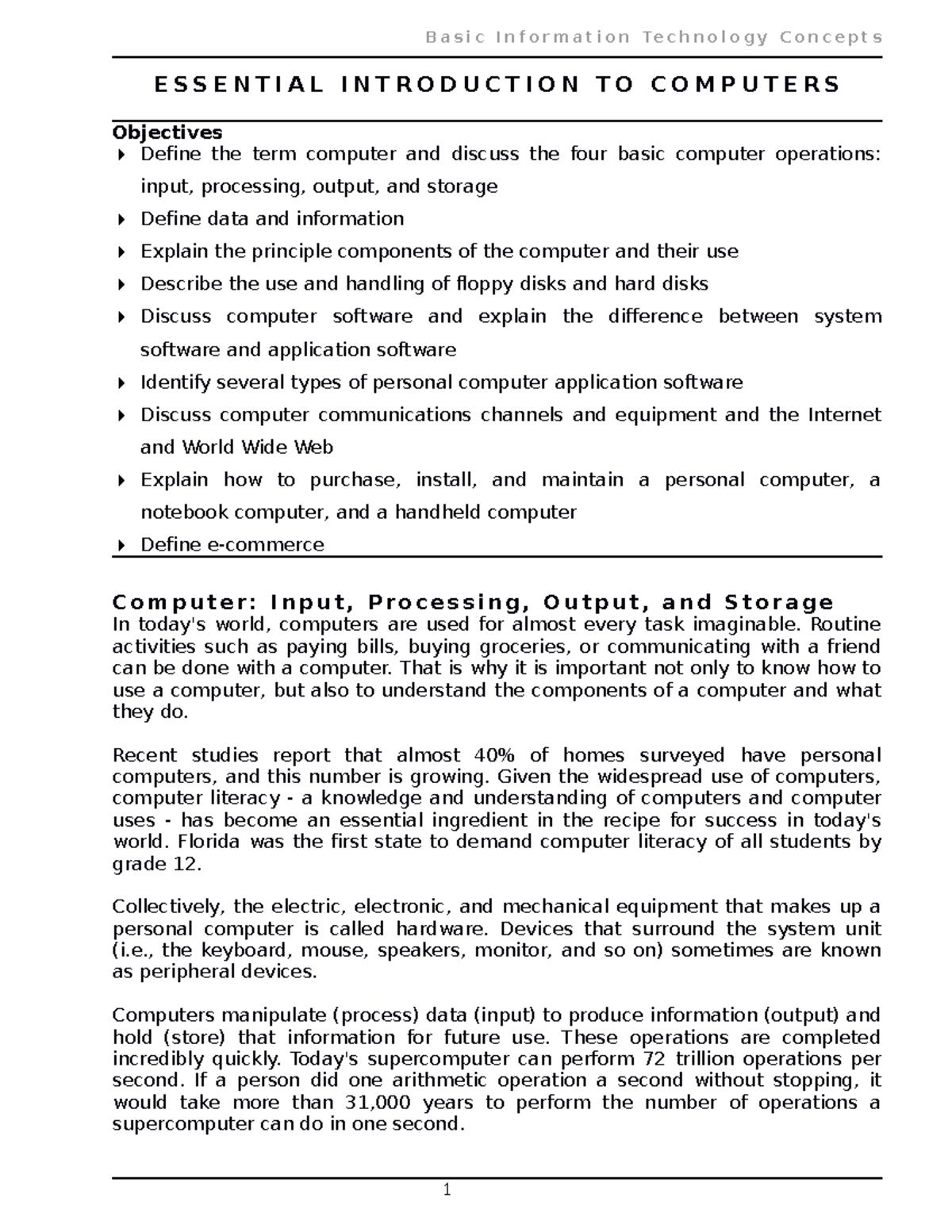 Essential introduction to computers notes - E S S E N T I A L I N T R O ...