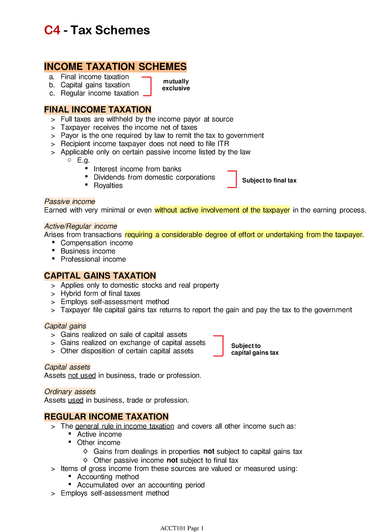 C4 - Tax Schemes - INCOME TAXATION SCHEMES A. Final Income Taxation B ...