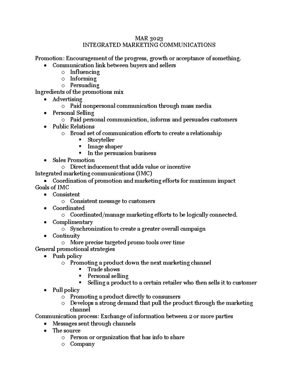 MAR 3023 Test 4 Study Guide - MAR 3023 INTEGRATED MARKETING ...