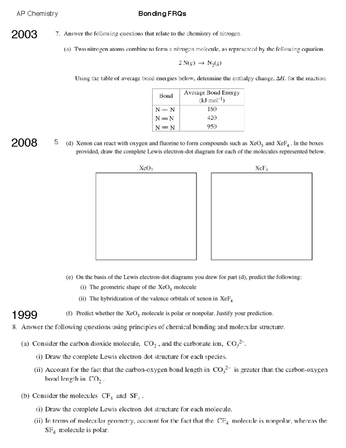 08Bonding FRQs bonding frqs AP Chemistry Bonding FRQs 2003 2008 5