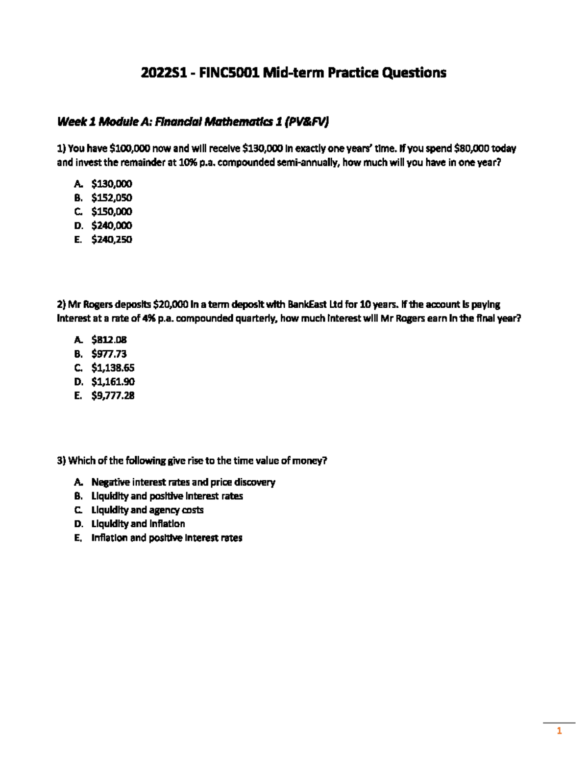 2022S1 - FINC5001 Midterm Practice Questions (student Version ...