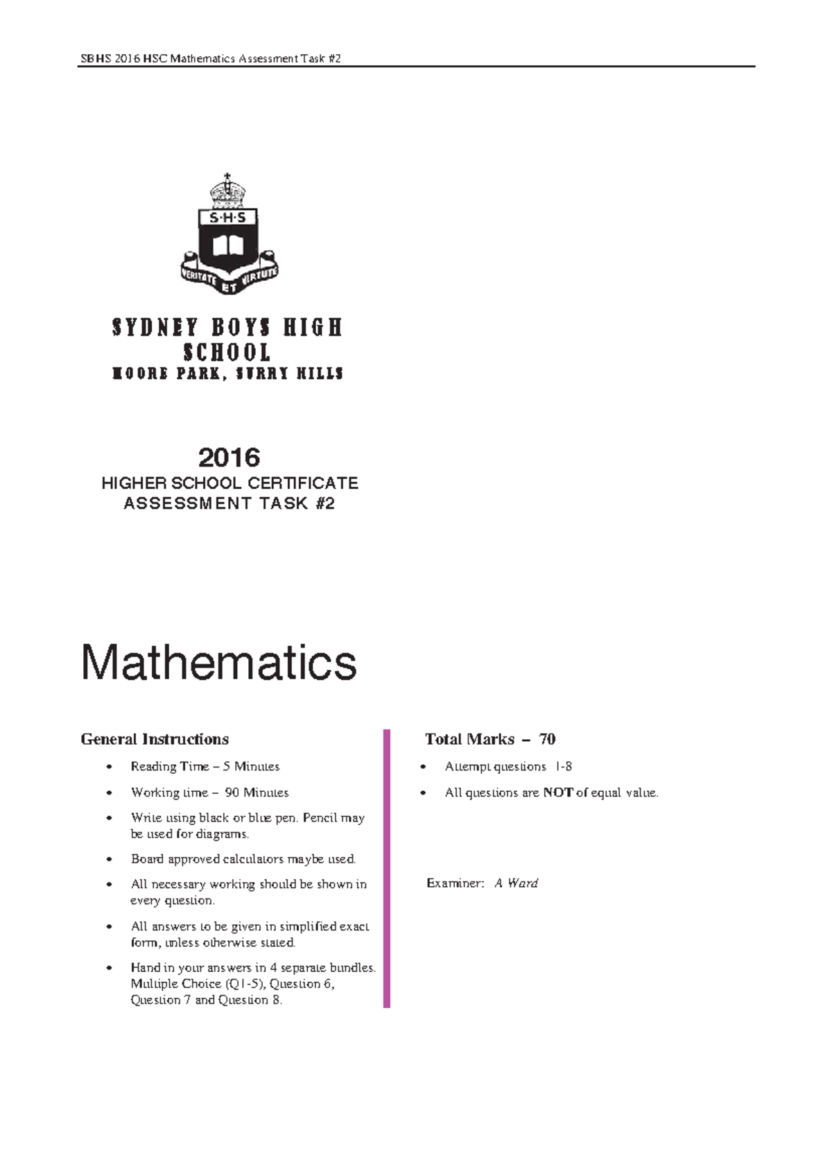 Sydney Boys 2016 2U HY & Solutions - SBHS 2016 HSC Mathematics ...
