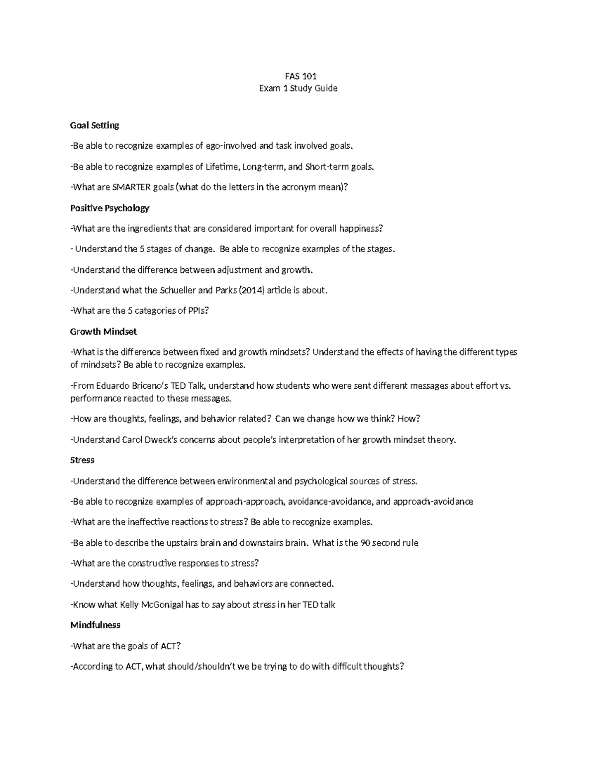 Exam 1 Study Guide - FAS 101 Exam 1 Study Guide Goal Setting -Be able ...
