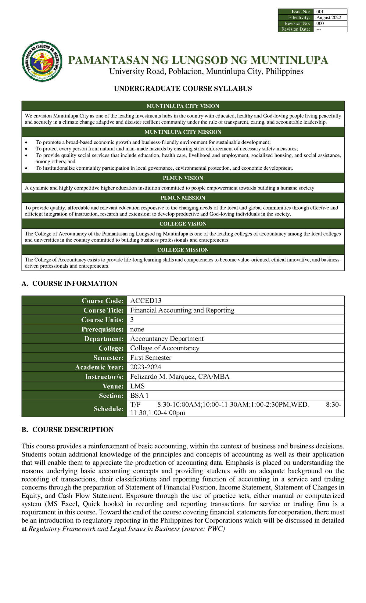 Acced 13 - ACCOUNTING - Issue No: 001 Effectivity: August 2022 Revision ...