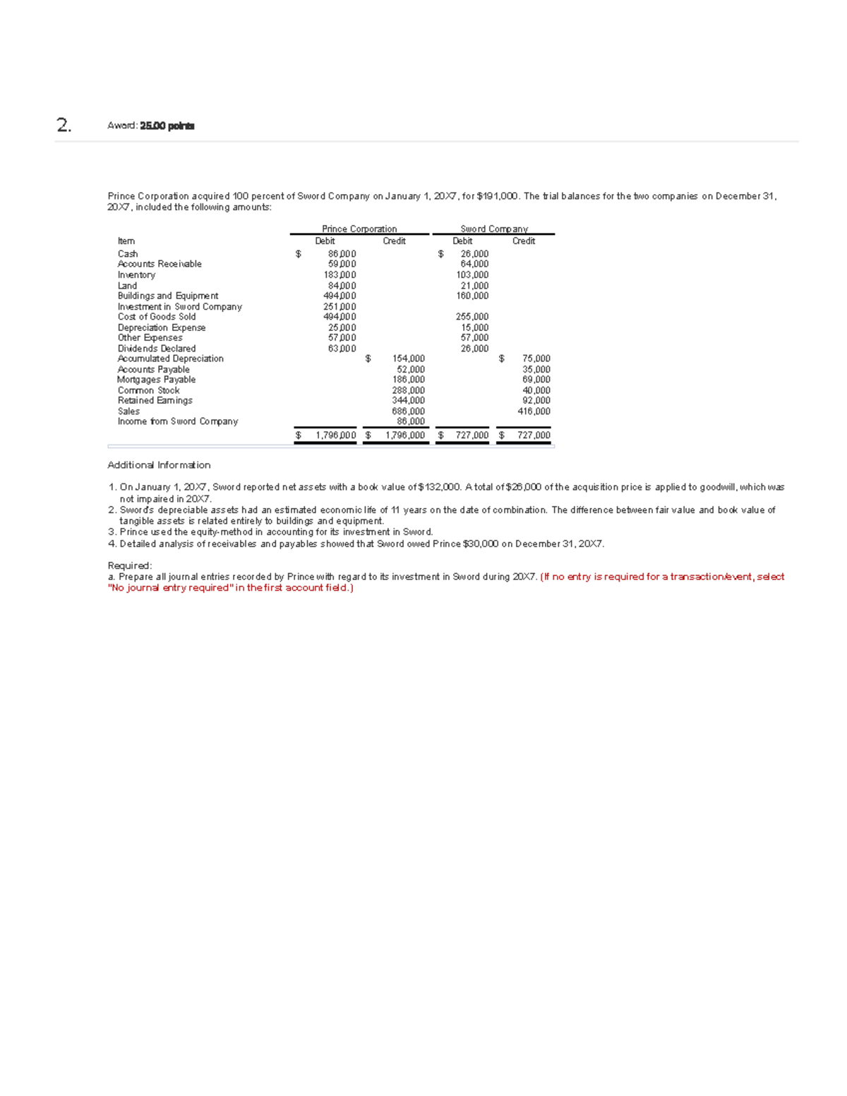 Acc 405 2-2 homework - 2. Award: 25 points Prince Corporation acquired ...