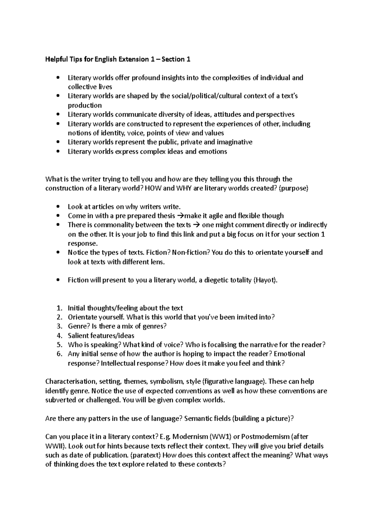Literary Worlds Tips Helpful Tips for English Extension 1 Section 1