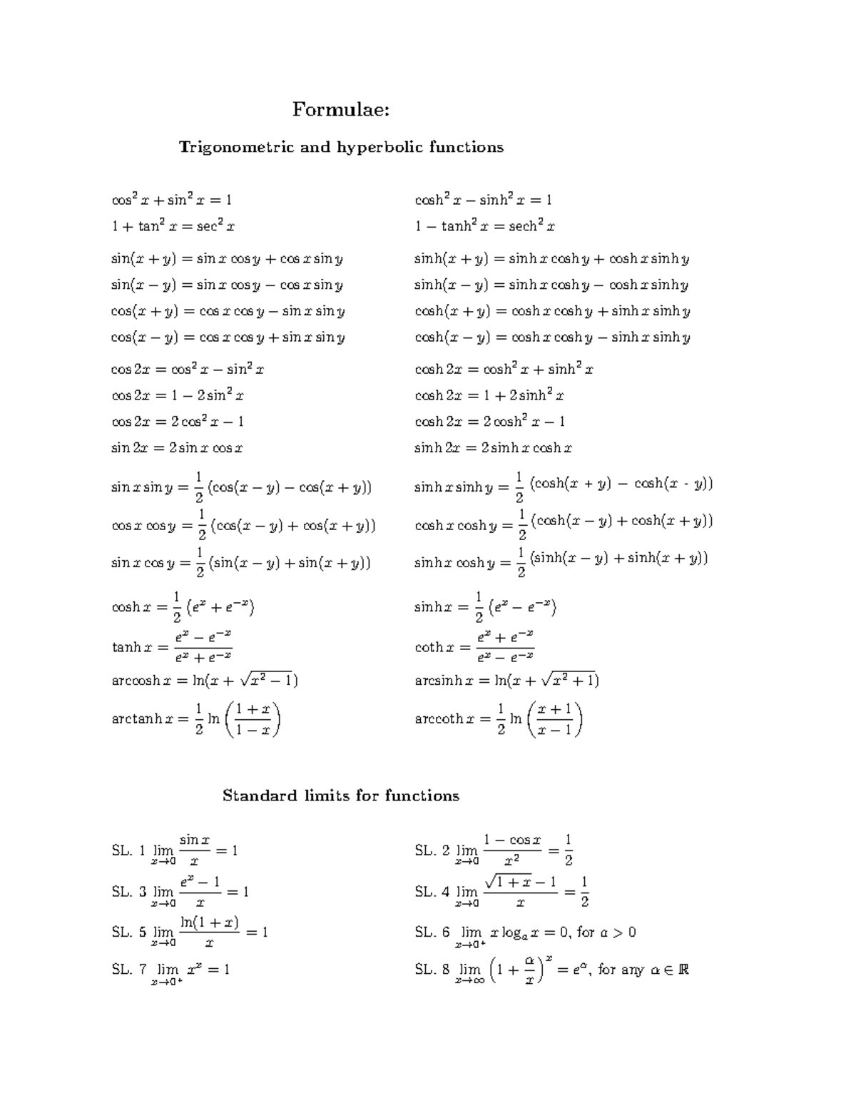 MTH10012 Test 1 Formulae 2019 latest - Formulae: Trigonometric and ...