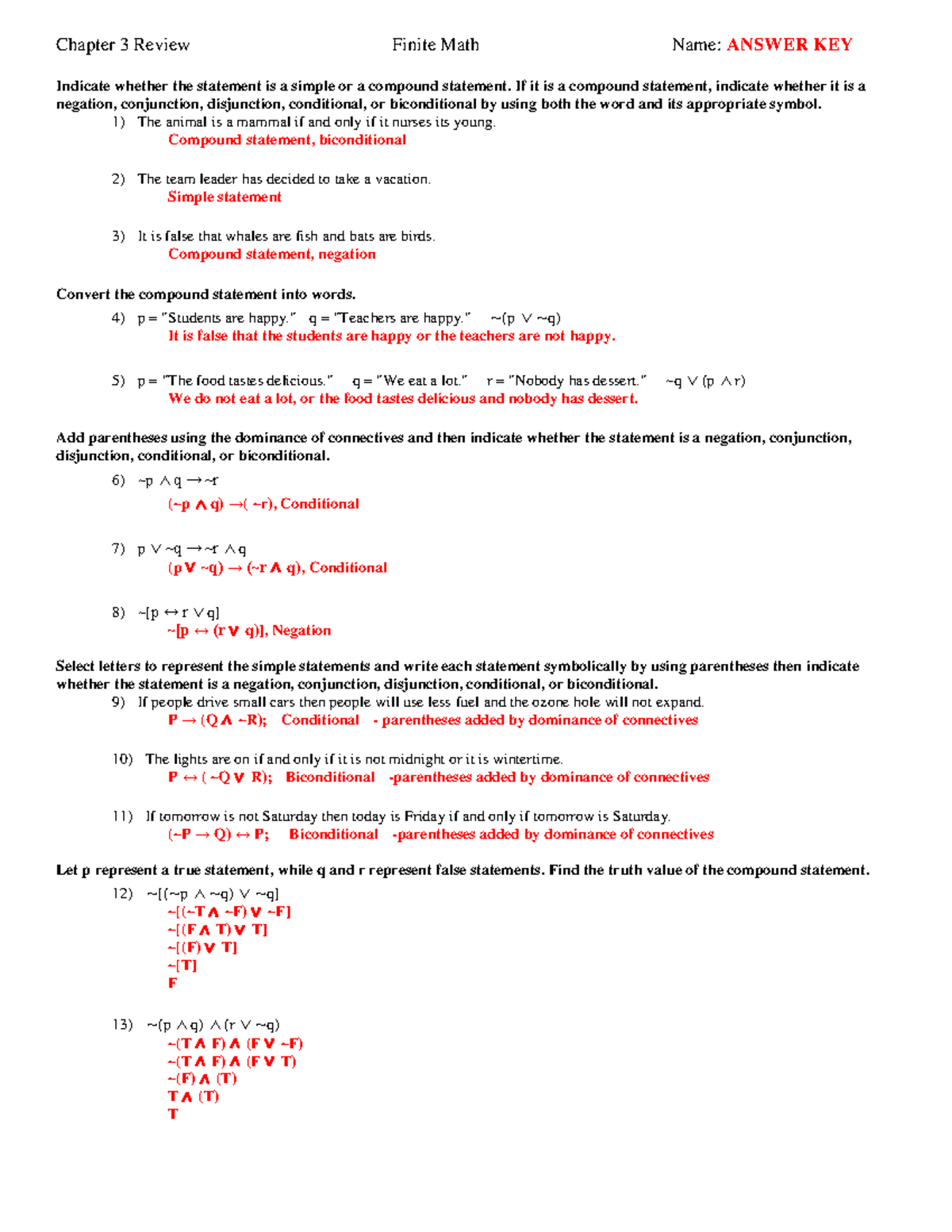 Chapter 3 Review with answers provided - Chapter 3 Review Finite Math ...