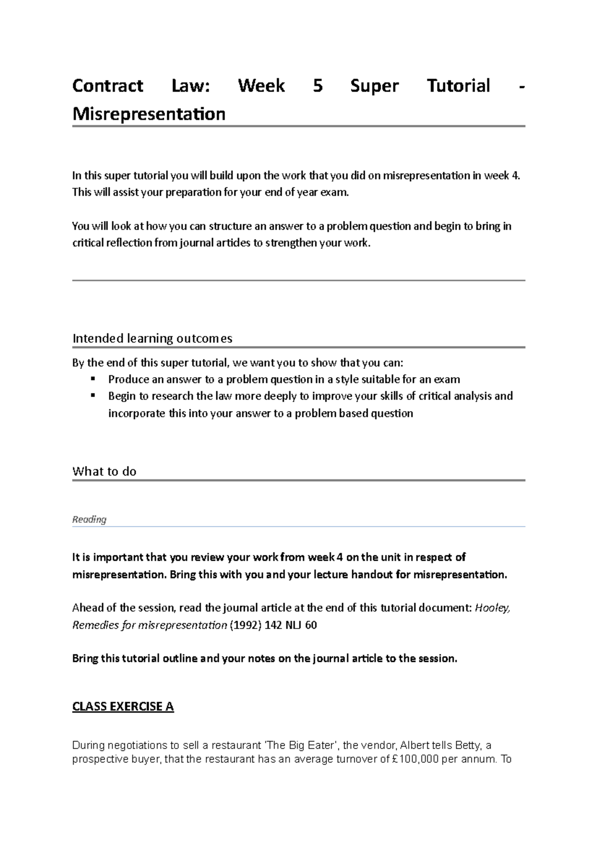 Contract Law week 5 Super Tutorial developing work from week 4 ...