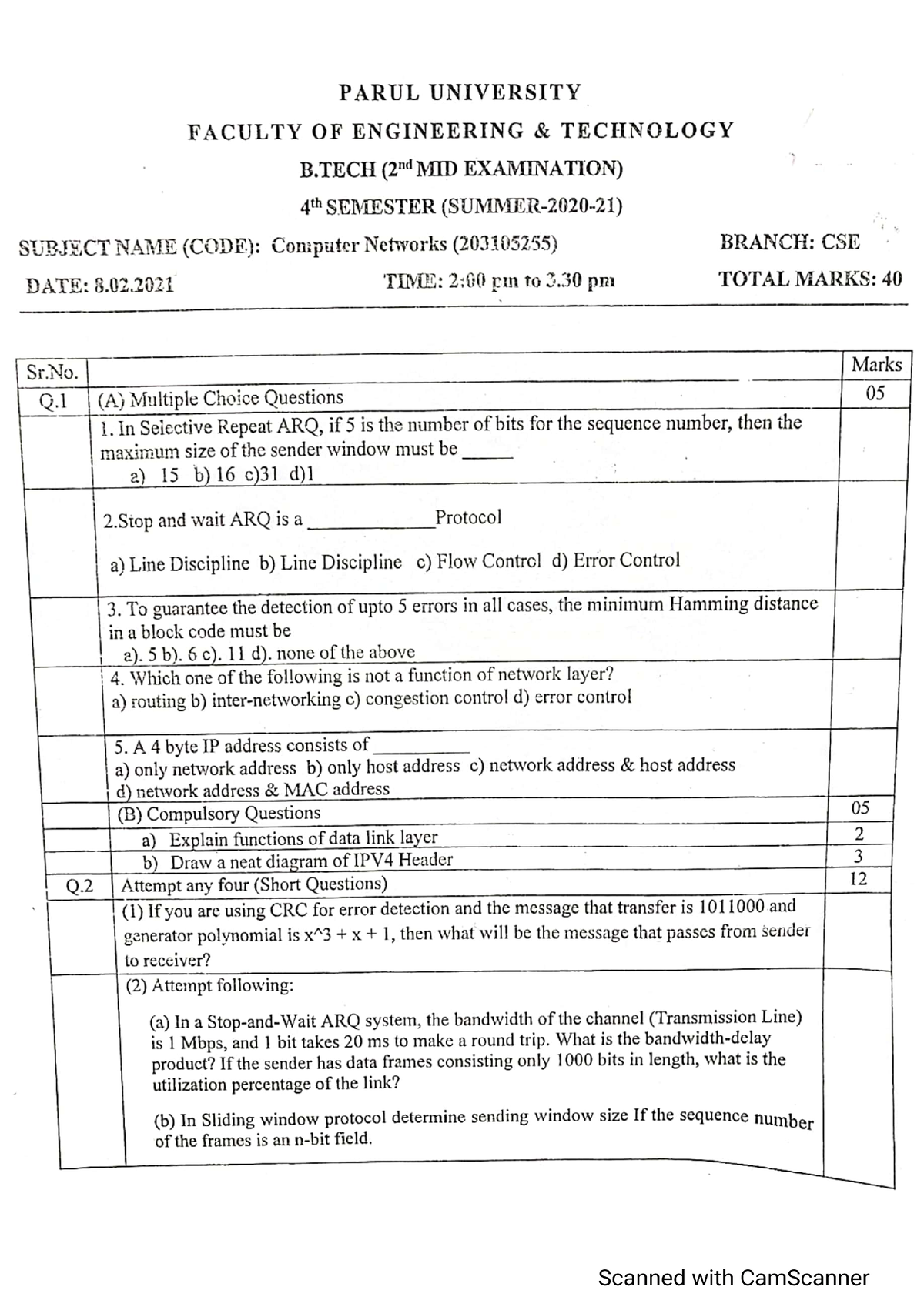 CN 2nd Mid Sem Question Paper - B.tech CSE - Studocu