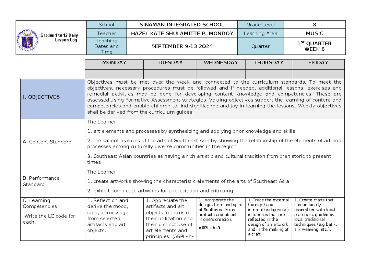 Grade 8-ARTS-WEEK 6 - MAPEH - Grades 1 to 12 Daily Lesson Log School ...