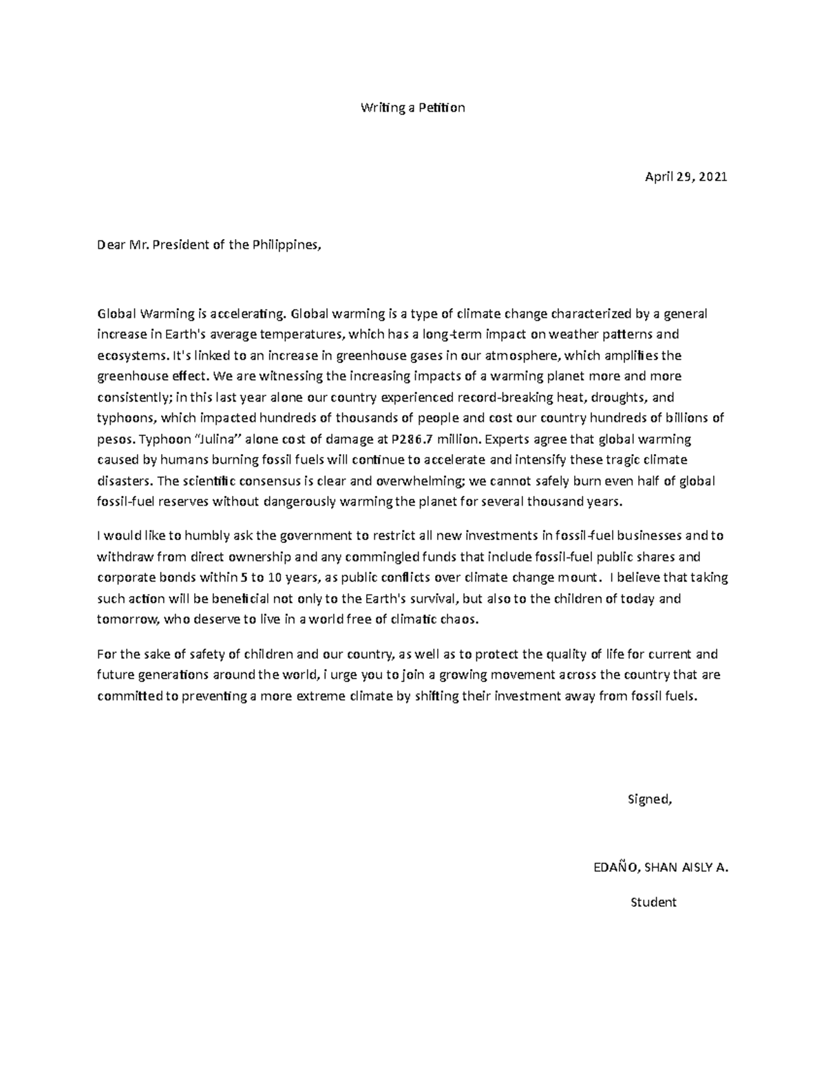 Writing a Petition - Writing a Petition April 29, 2021 Dear Mr ...