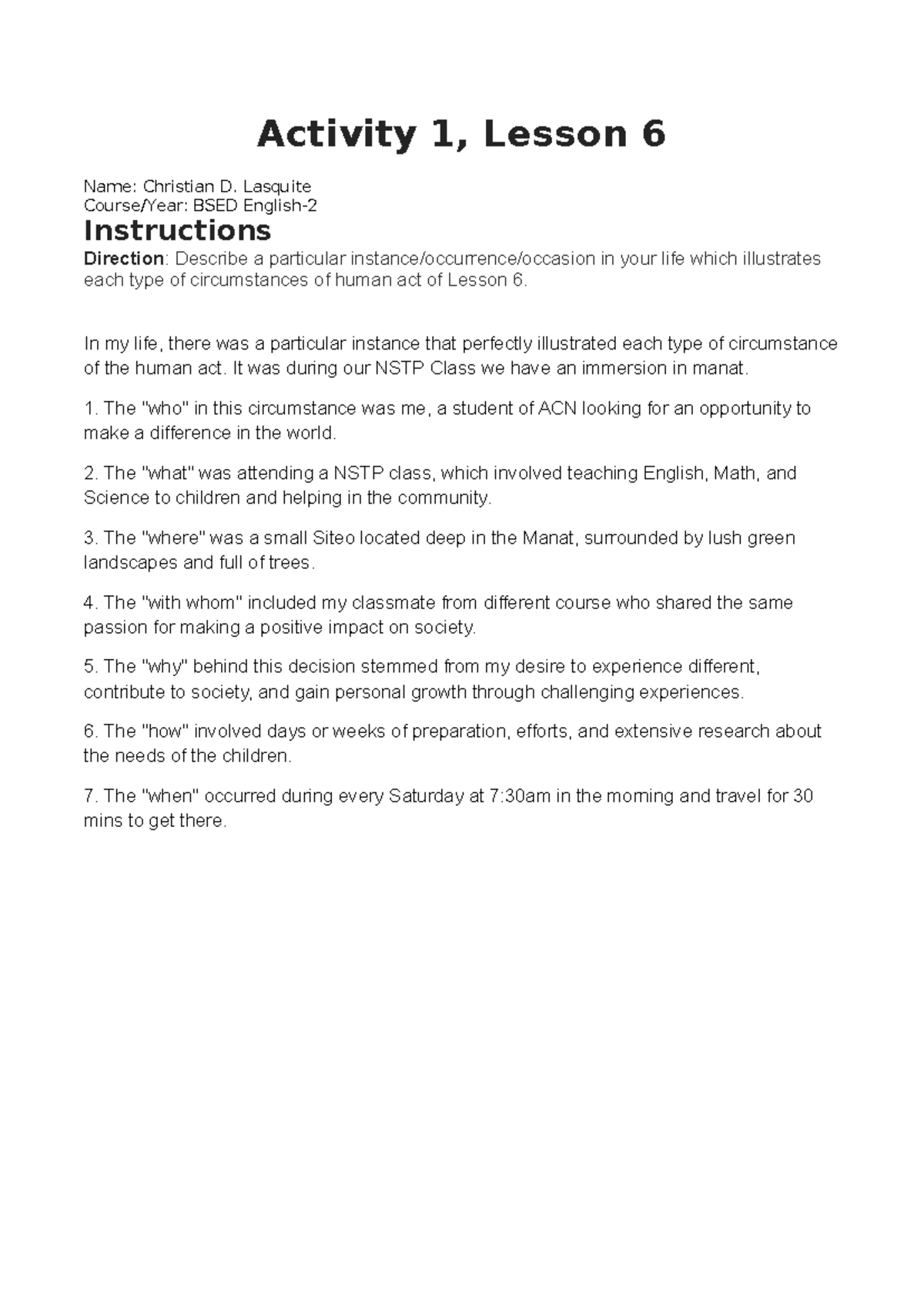 Activity 1 lesson 6 - N/A - Activity 1, Lesson 6 Name: Christian D ...