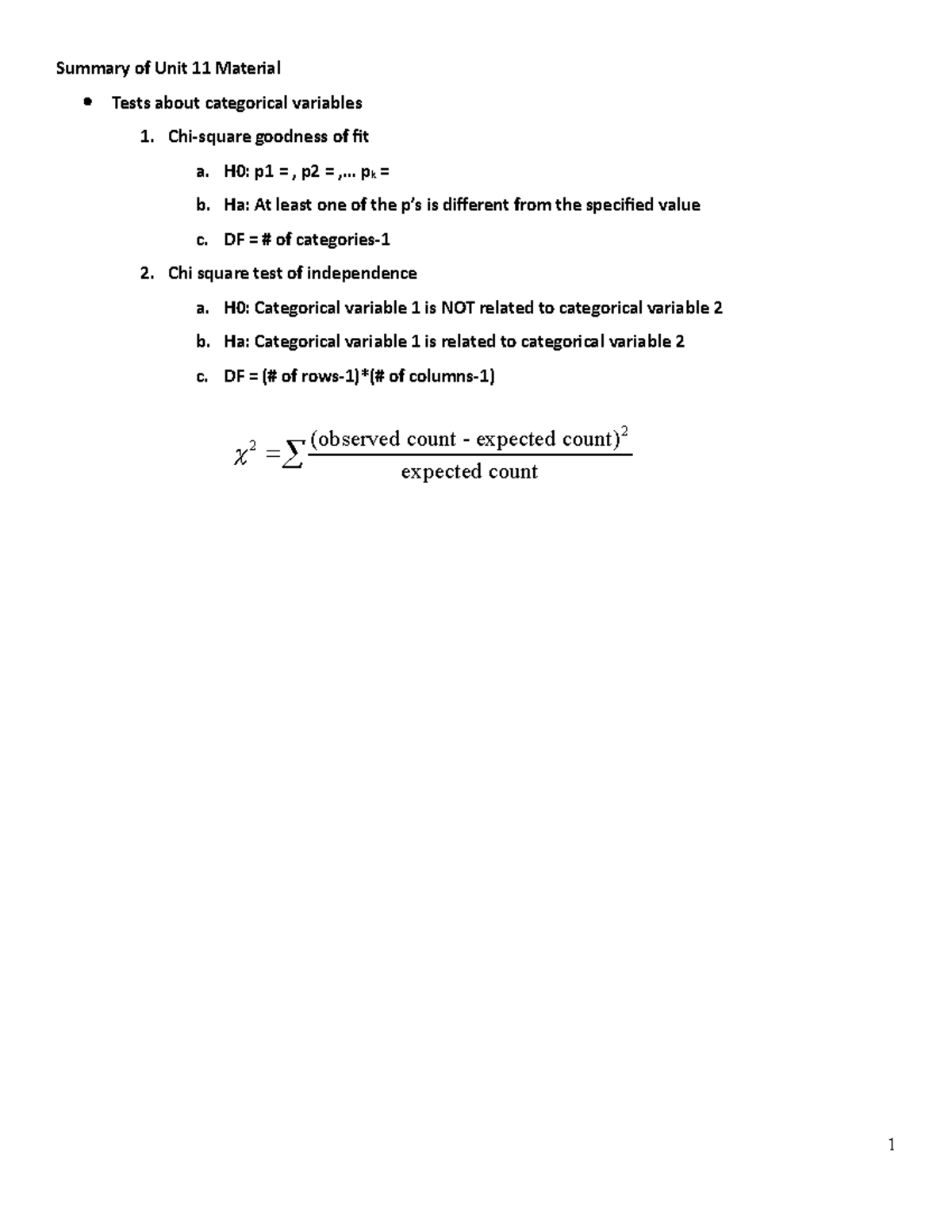Chapter 11 Chi Square F18 - Summary of Unit 11 Material Tests about ...