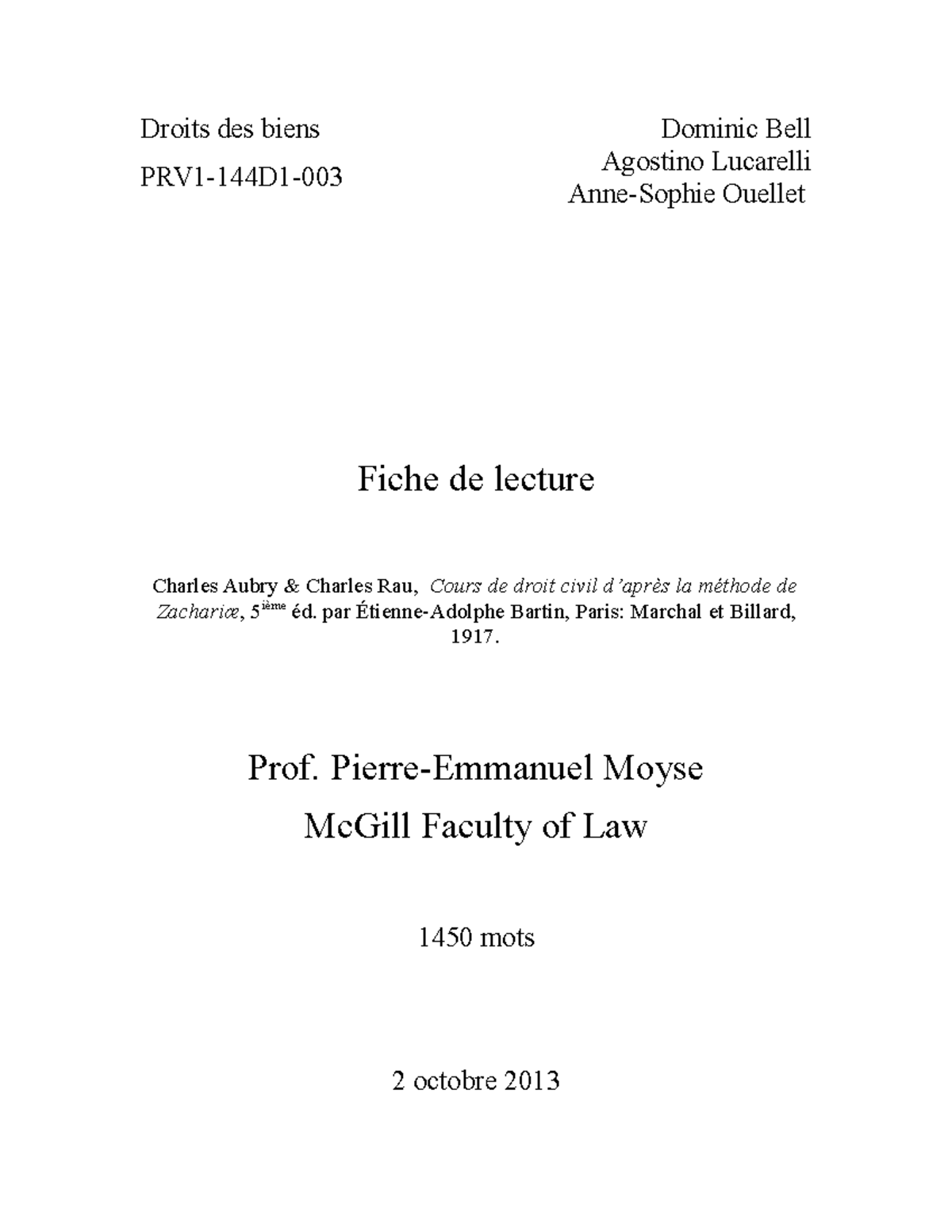 Fiche 5 Aubry et Rau - Résumé d'un arrêt - Droits des biens PRV1-144D1 ...