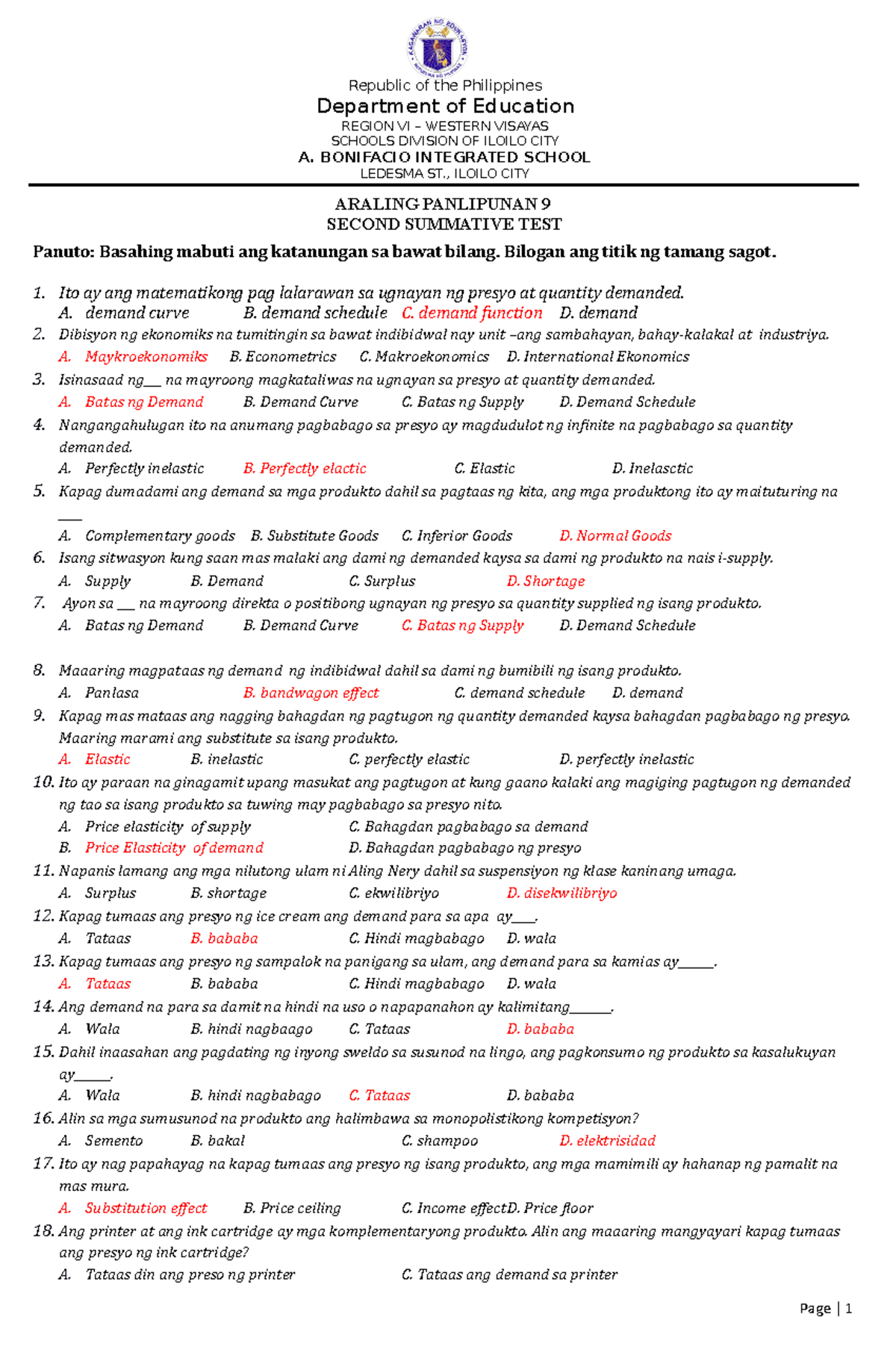 2nd summative test AP9 - Republic of the Philippines Department of ...