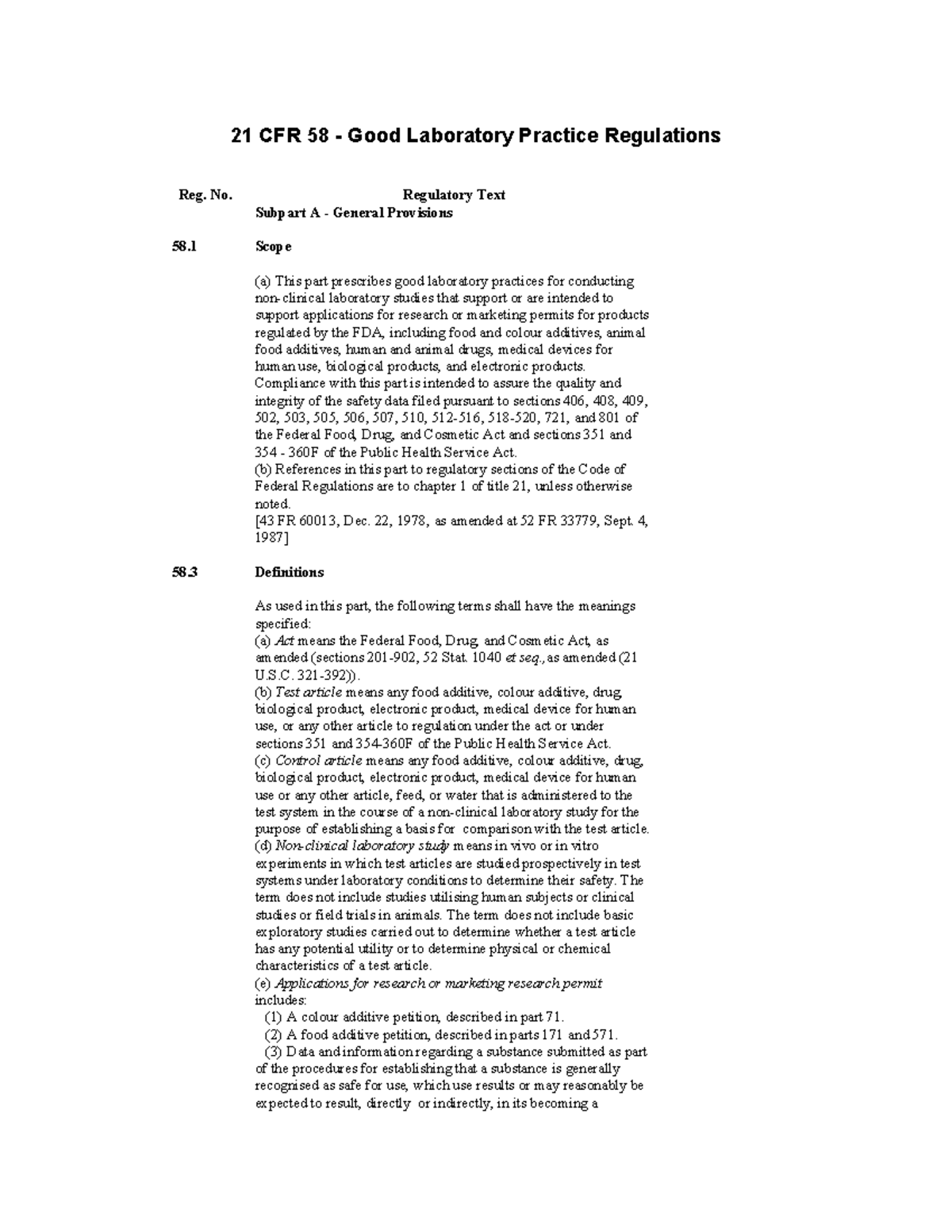 GLP regulations 21 CFR 58 Good Laboratory Practice Regulations Reg