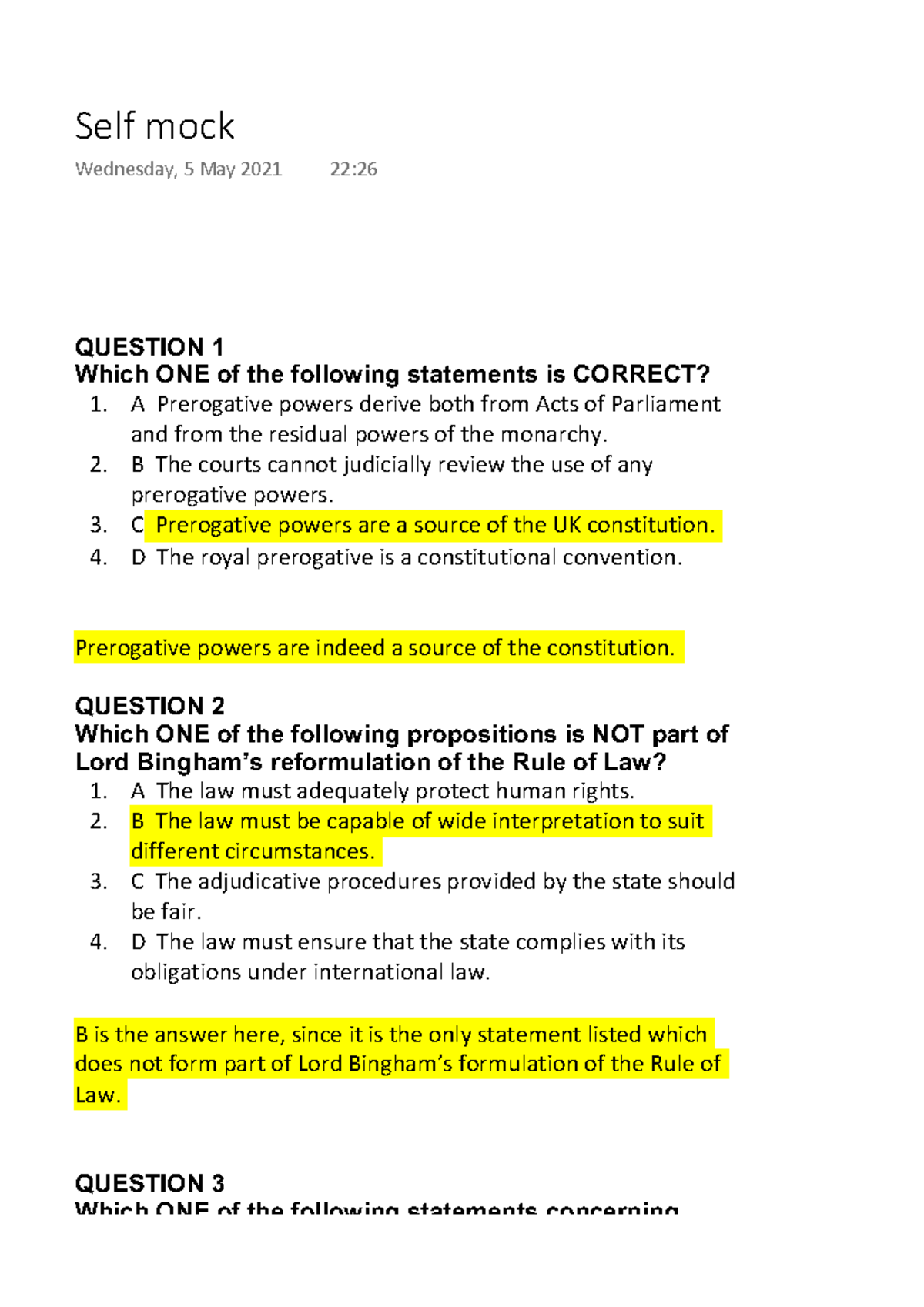 MCQ Self mock Public Law QUESTION 1 Which ONE of the following