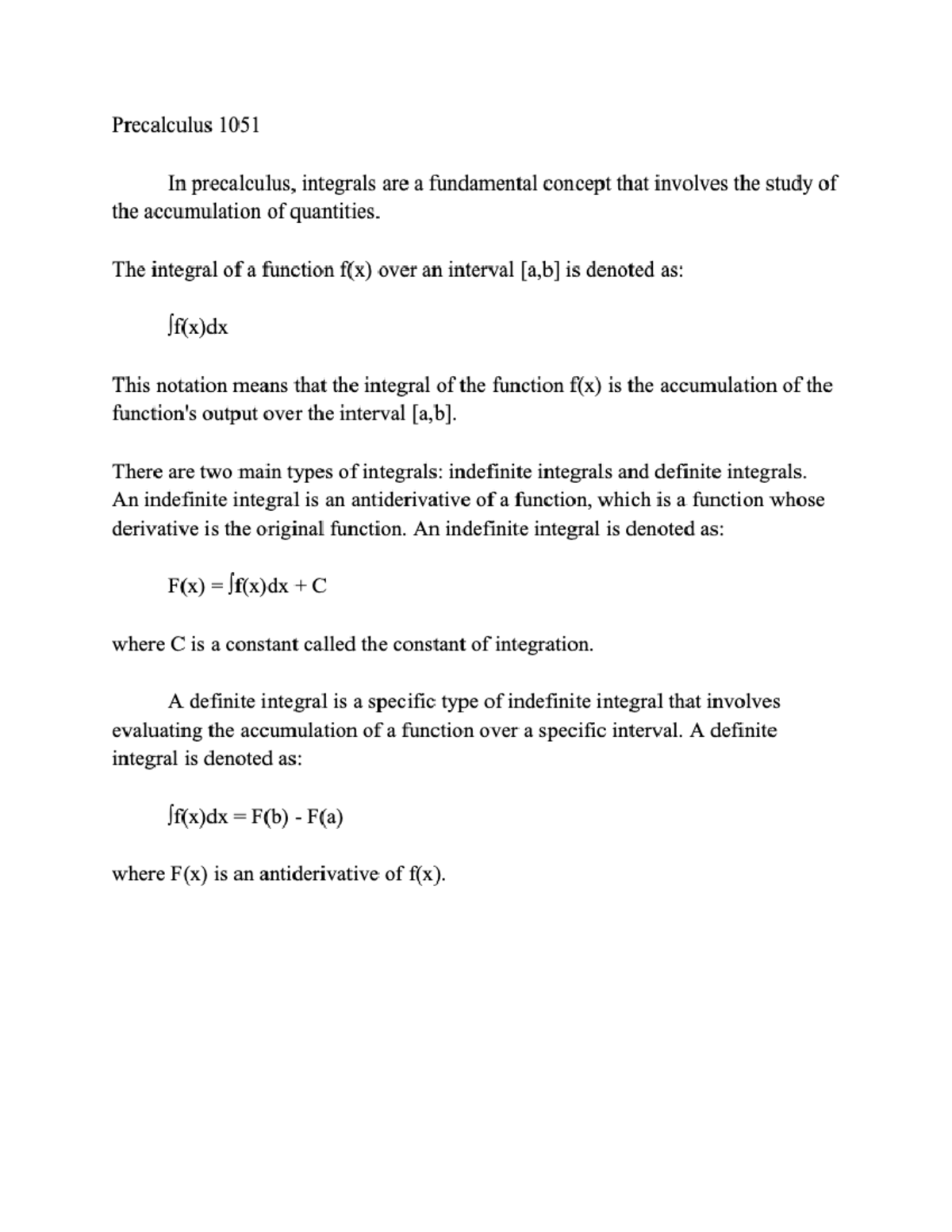 Integrals in Precalculus - MATH 1051 - Studocu