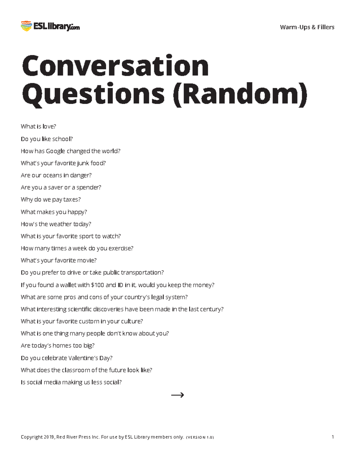 105 Conversation-Questions Random US - Warm-Ups & Fillers What is love ...