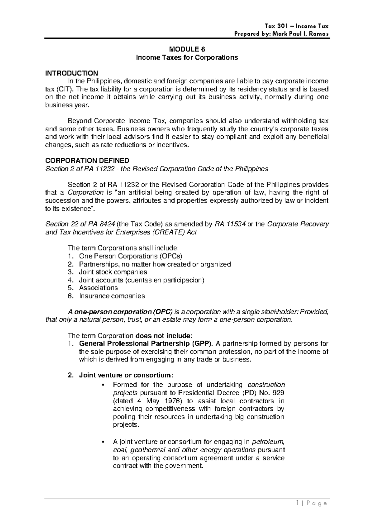 Module 6 Income Taxes For Corporations Prepared By Mark Paul I