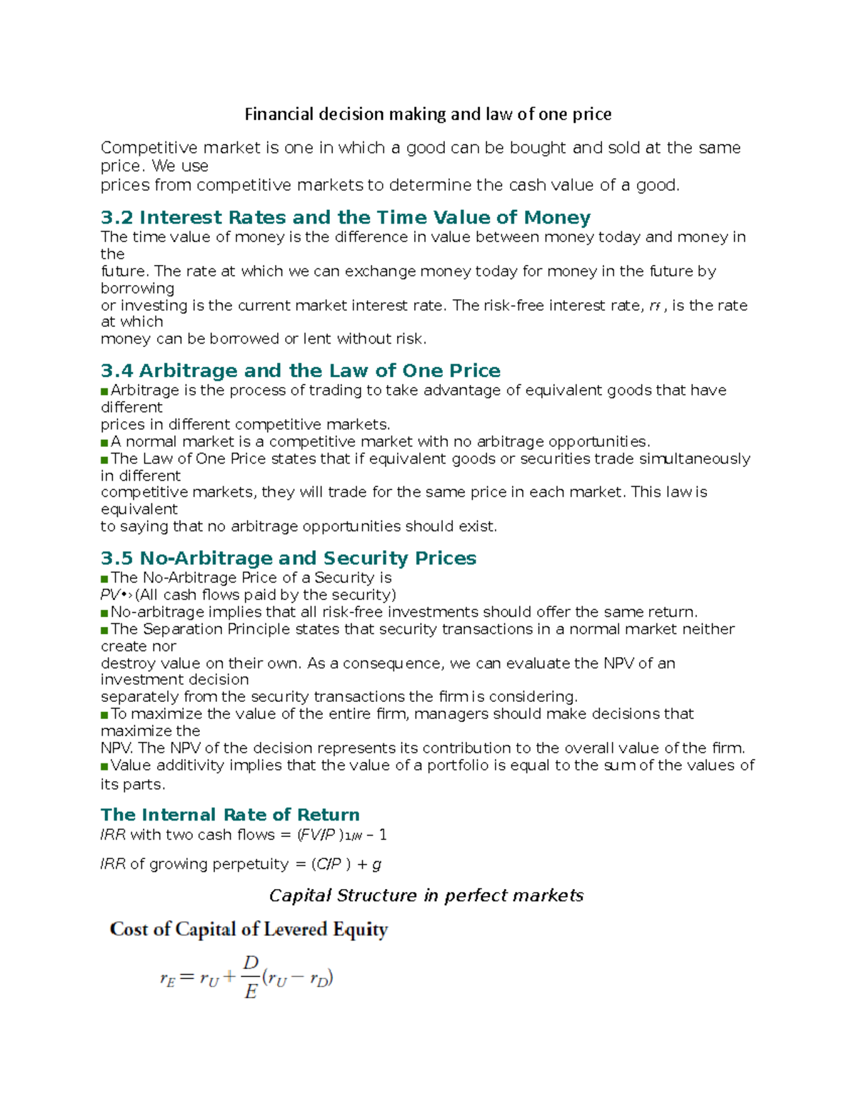 Notes - Financial decision making and law of one price Competitive ...