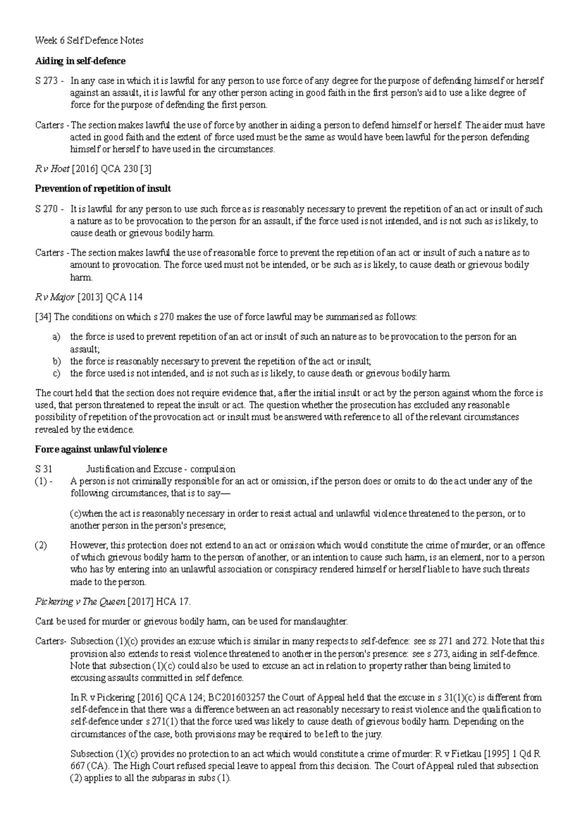 Week 6 Defences Notes - Week 6 Self Defence Notes Aiding in self ...