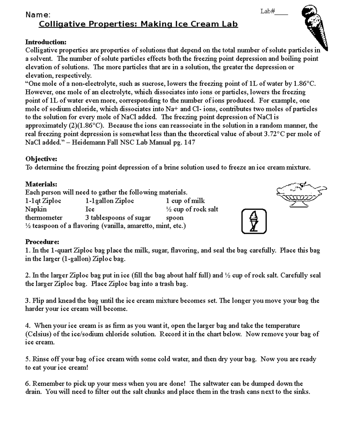 Unit 9 Ice Cream Lab 2012 Name Lab____ Colligative Properties Making Ice Cream Lab Studocu