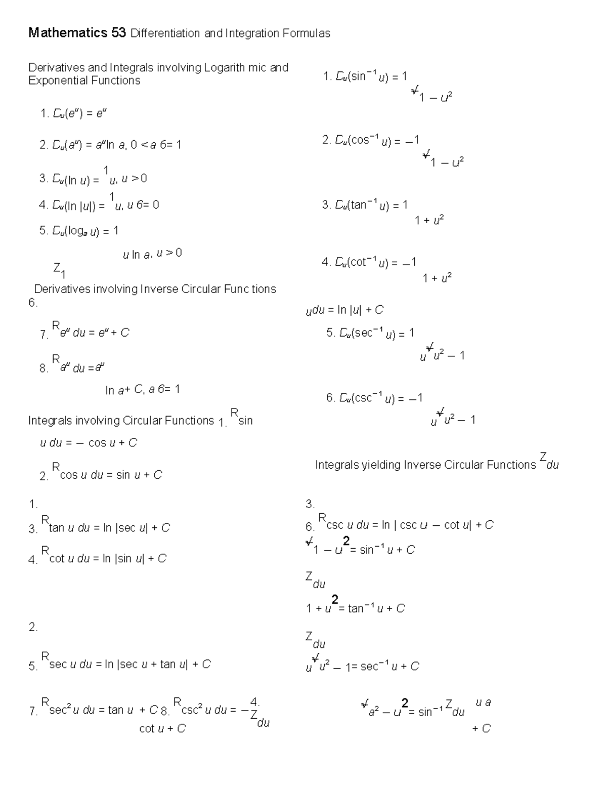 Differentiation and Integration Formulas - Mathematics 53 ...