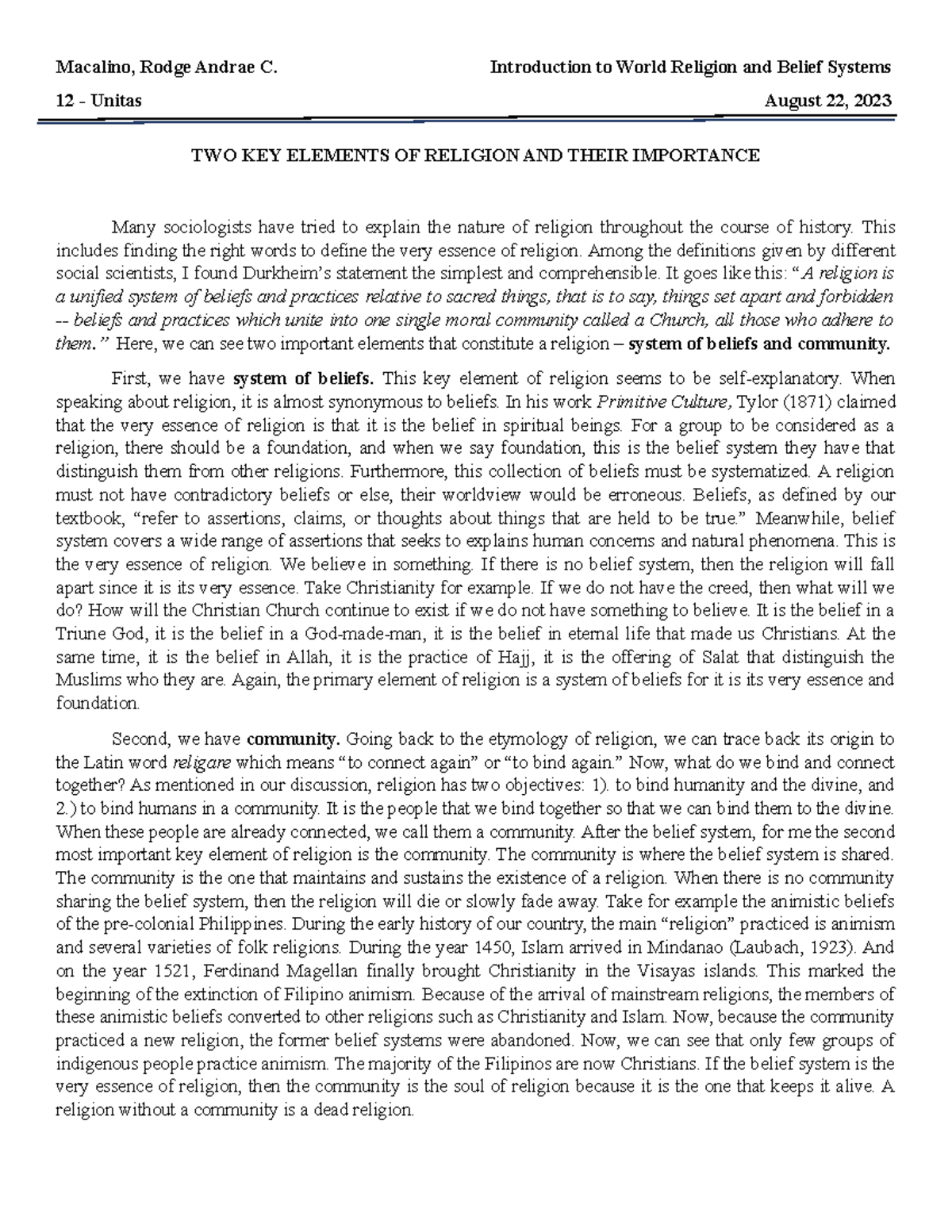 TWO KEY Elements OF Religion AND Their Importance Macalino, Rodge