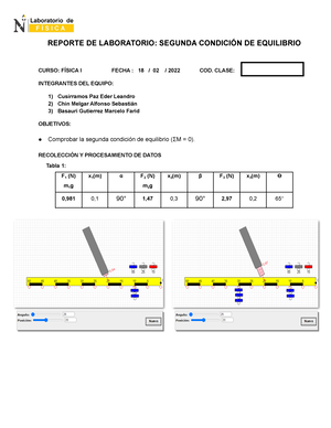 Reporte Segunda Condicion  - REPORTE DE LABORATORIO: SEGUNDA  CONDICIÓN DE EQUILIBRIO - Studocu