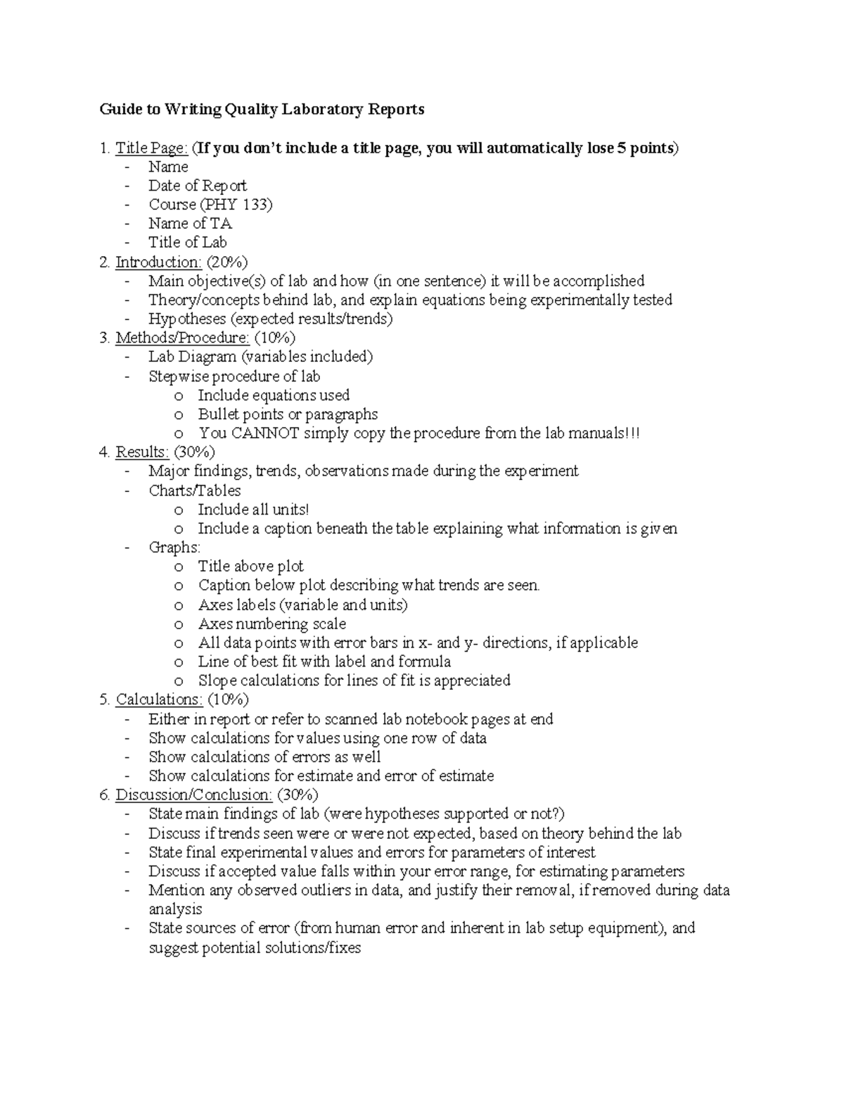 Lab Report Guide Guide to Writing Quality Laboratory Reports Title Page (If you don’t include
