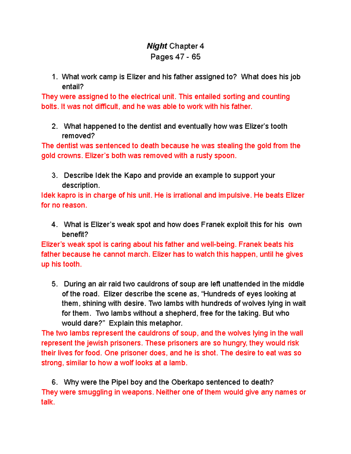 11 Book Questions Night Chapter 4 Pages 47 65 What work camp is