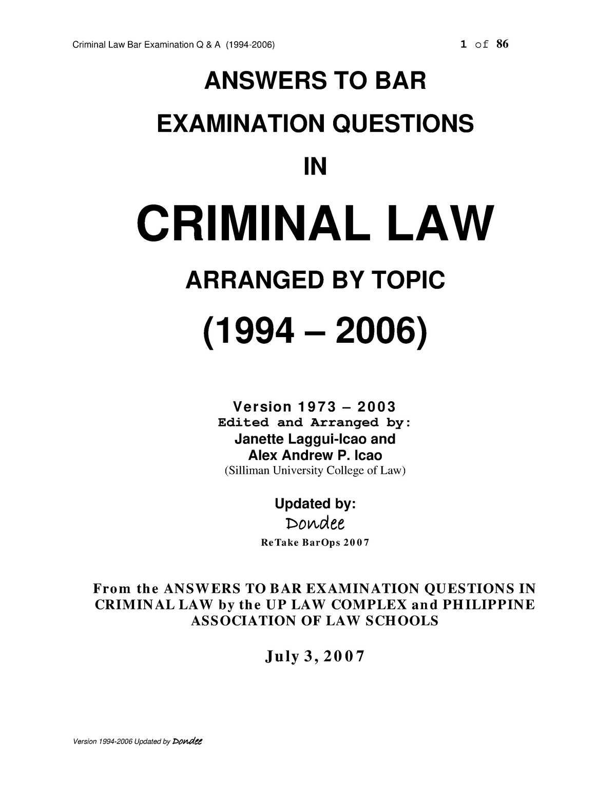 Bar Questions And Answers Criminal Law 1 - ANSWERS TO BAR EXAMINATION ...