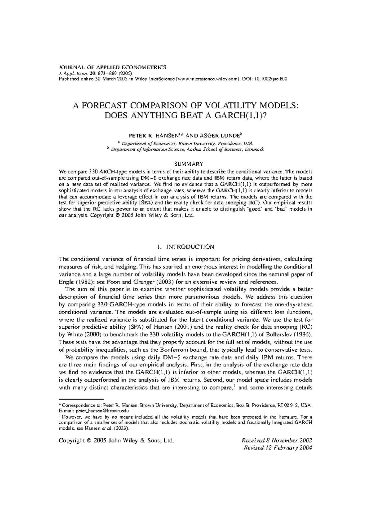 Journal Of Applied Econometrics Garch 11 - JOURNAL OF APPLIED ECONOMETRICS J. Appl. Econ. 20 : 873–889