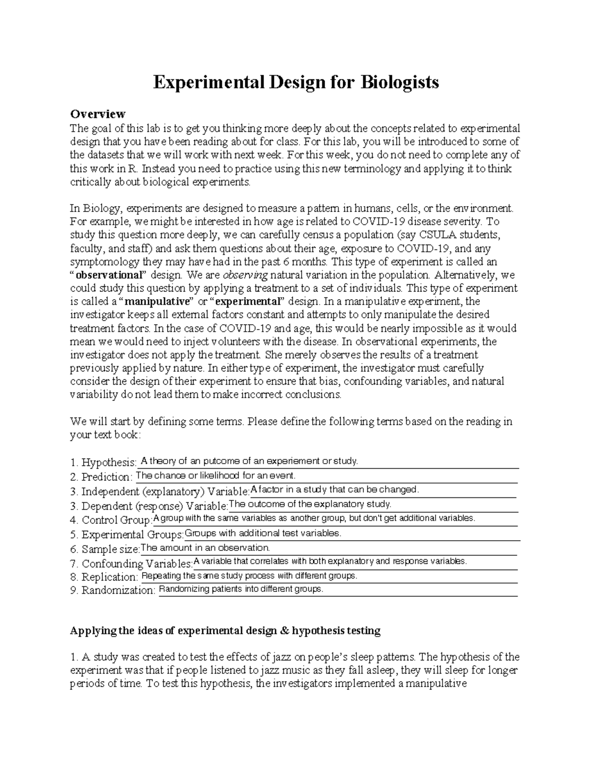 Lab Assignment 2 - Experimental Design for Biologists - Experimental ...