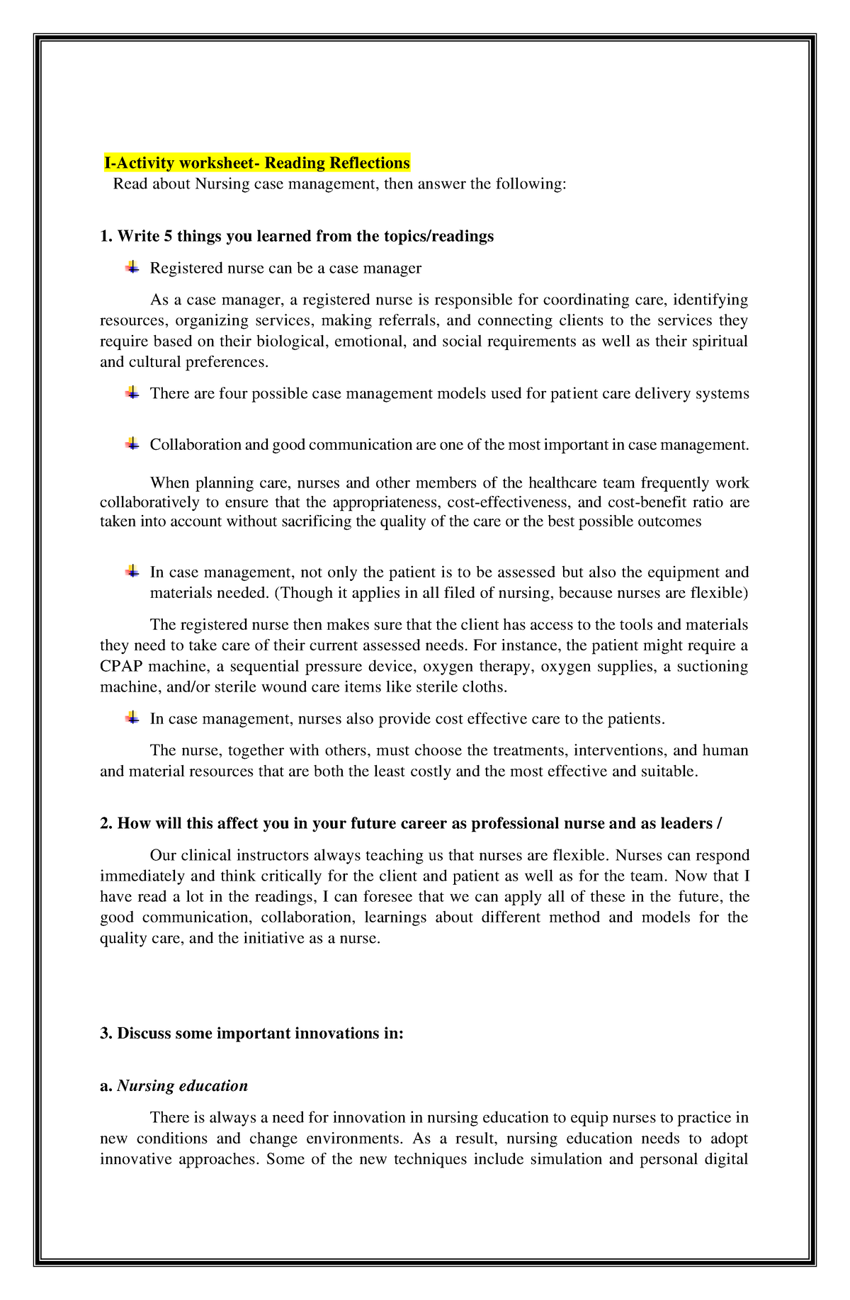 Act222 - Nursing Jurisprudence subject - I-Activity worksheet- Reading ...