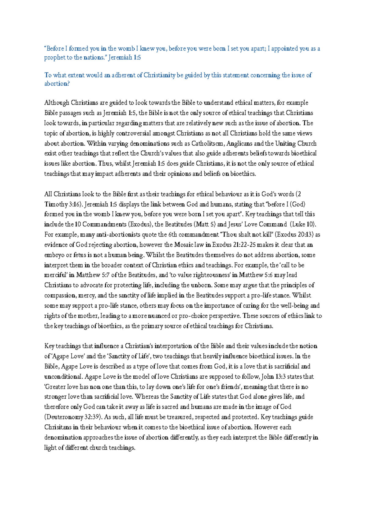 SOR Bioethics Essay - “Before I formed you in the womb I knew you ...