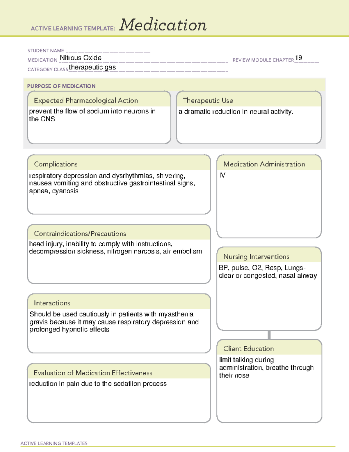 Therapeutic gas Nitrous oxide ACTIVE LEARNING TEMPLATES Medication STUDENT NAME Studocu