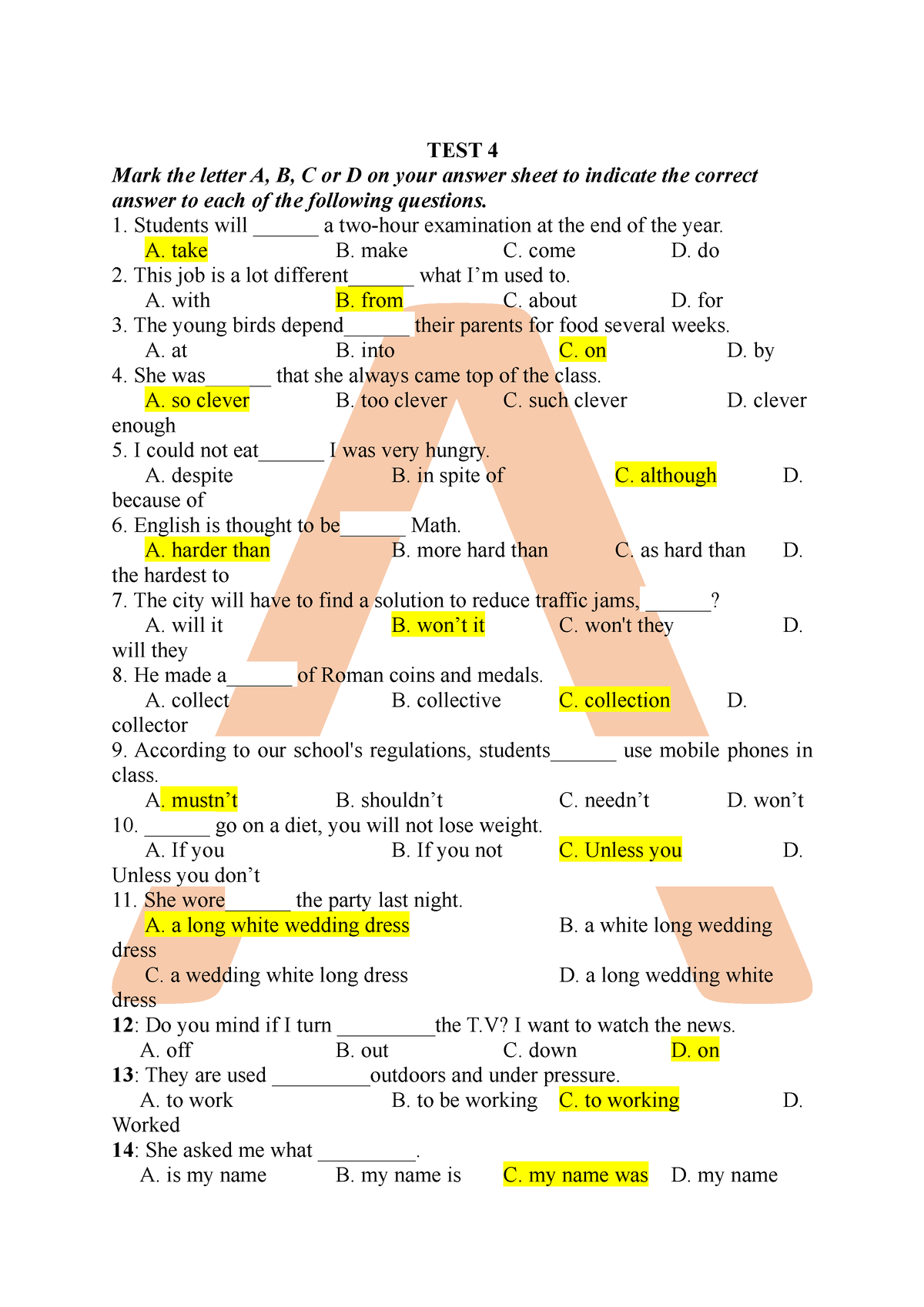 TEST 4 - Anh 9 Vào 10 - TEST 4 Mark The Letter A, B, C Or D On Your ...