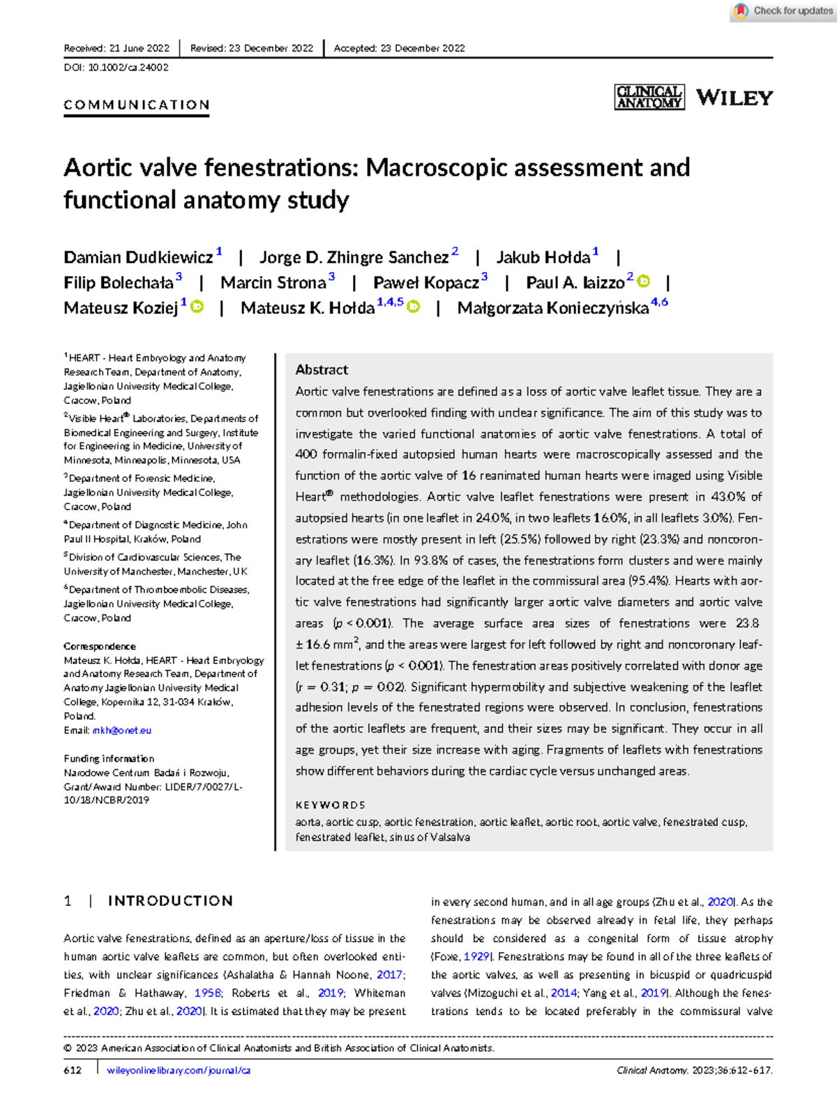 Clinical Anatomy 2023 Dudkiewicz C O M M U N I C A T I O N Aortic