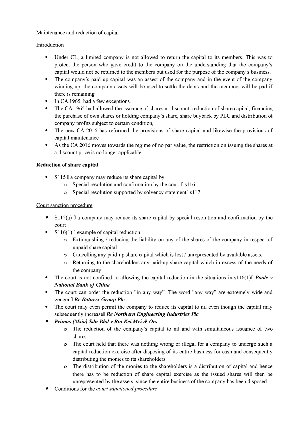 Maintenance And Reduction Of Capital Company Law Mmu Studocu