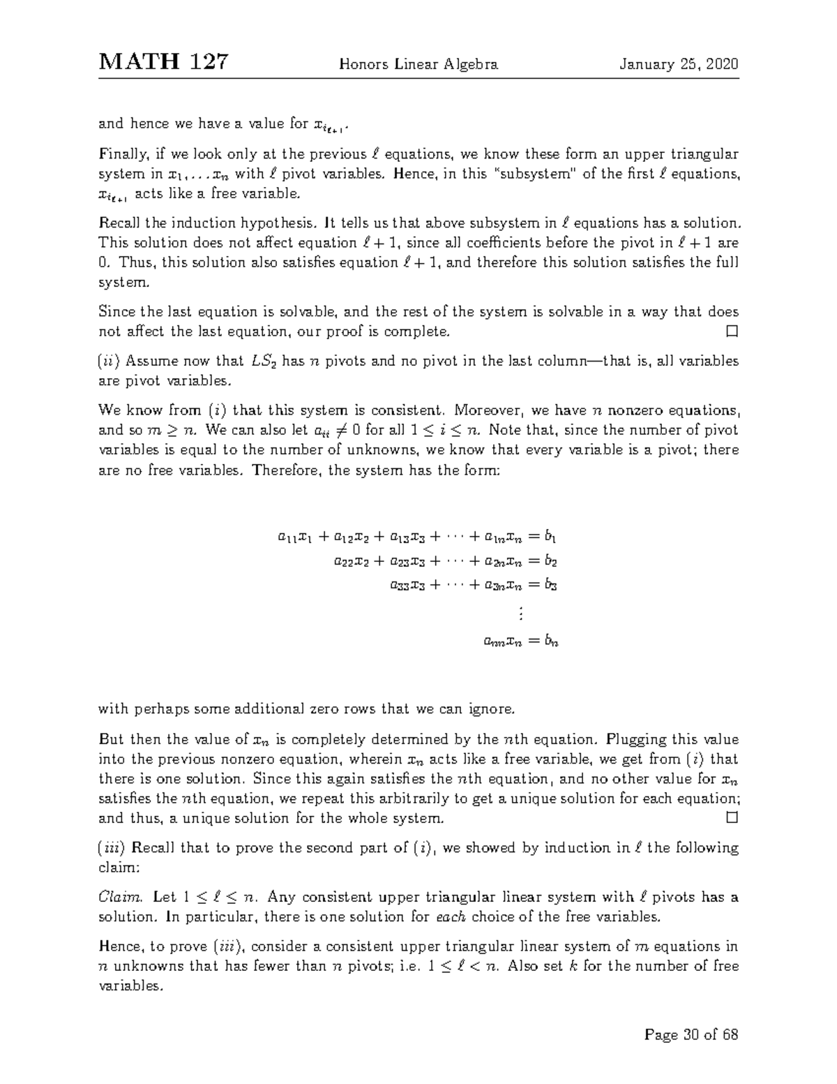 MATH 235-30 - Lecture notes 30 - MATH 127 Honors Linear Algebra January ...