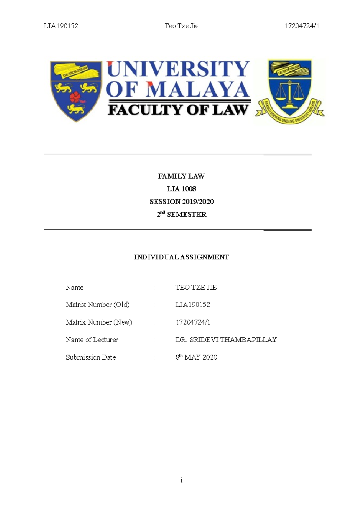 Family Law assignment - _____________ FAMILY LAW LIA 1008 SESSION 2019/ ...