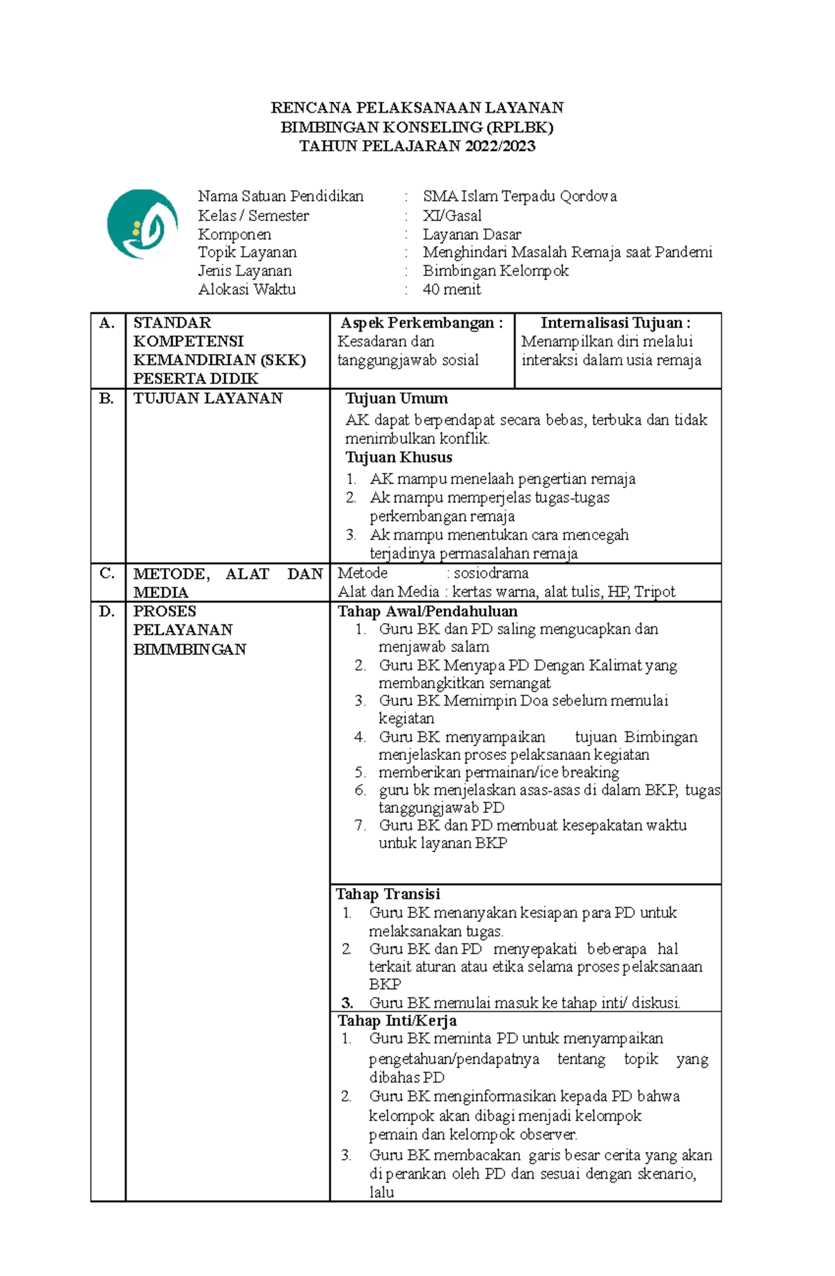 RPL Remaja DAN Permasalahannya - RENCANA PELAKSANAAN LAYANAN BIMBINGAN ...