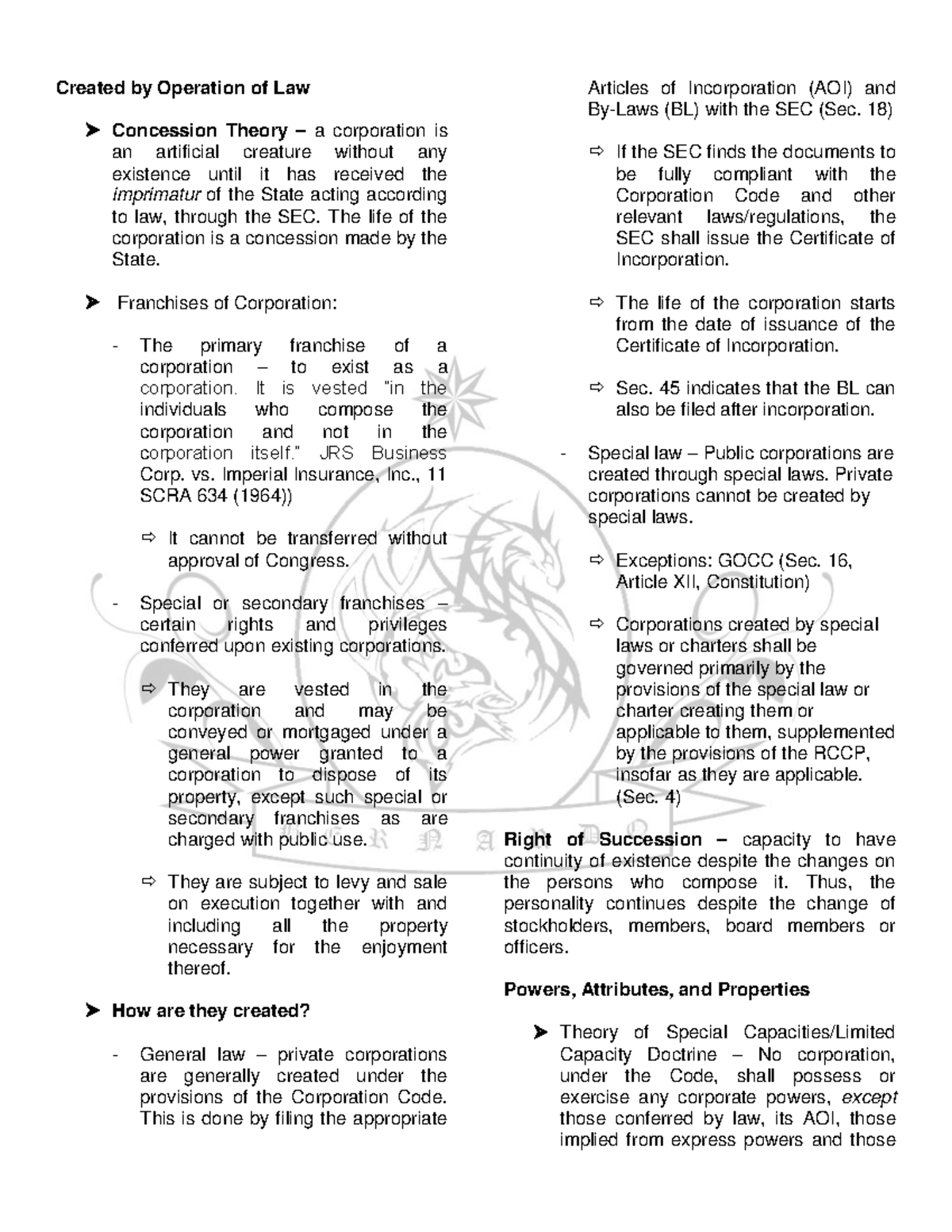 LAW2 (part 8) HANDOUTS Created by Operation of Law Concession
