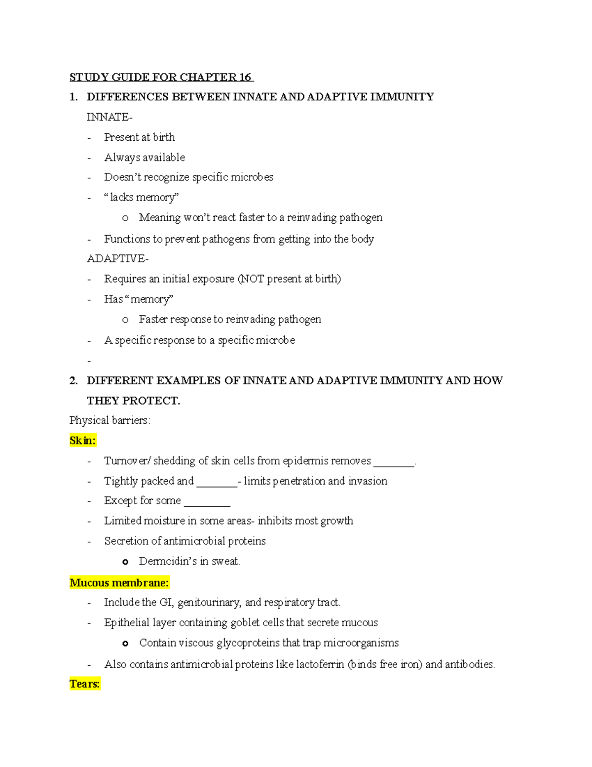 Chapter 16 SG Bio - n/a - STUDY GUIDE FOR CHAPTER 16 1. DIFFERENCES ...